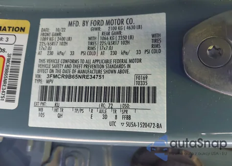 2022 Ford Bronco Sport Big Bend из США, поврежденный, VIN 3FMCR9B65NRE34751